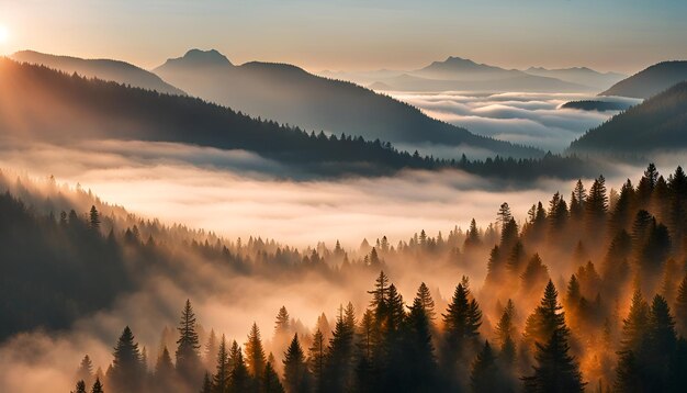 Foto amanecer en las montañas niebla matutina en la hermosa naturaleza paisaje bosque copas de árboles por encima de la niebla