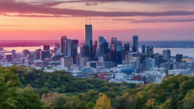 Foto el amanecer de montreal visto desde el mont royal con el horizonte de la ciudad por la mañana