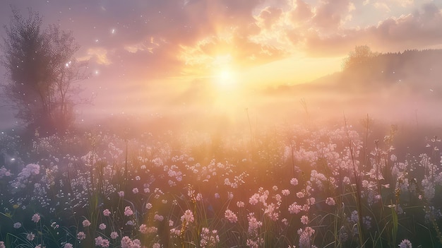 Un amanecer de niebla en un bosque lleno de flores Paisaje de verano