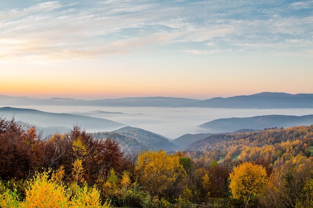 Amanecer en la niebla de las montañas entre las colinas del bosque de otoño