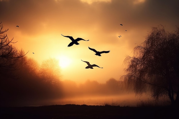 Un amanecer con pájaros volando en el cielo