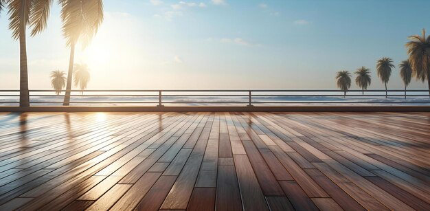 Foto el amanecer en una playa aislada un paseo marítimo de madera conduce a un océano tranquilo con palmeras