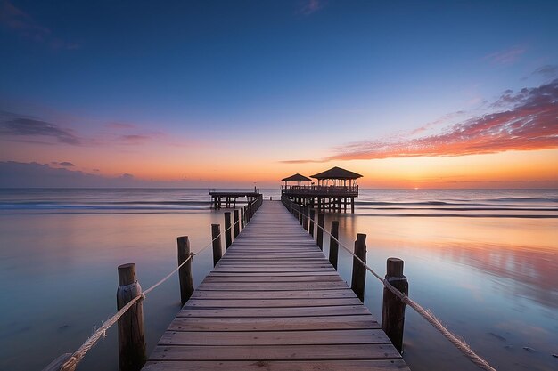 Foto amanecer de la playa sobre el muelle de madera