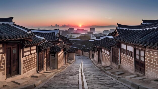 Foto el amanecer del pueblo de bukchon hanok en seúl, corea del sur