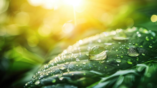 El amanecer reflejado en una gota de rocío en un plano cercano en una hoja verde