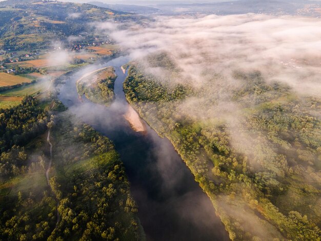 Amanecer en Riverside Sunlight y Niebla en Morning Winding River en Forest Aerial Drone View