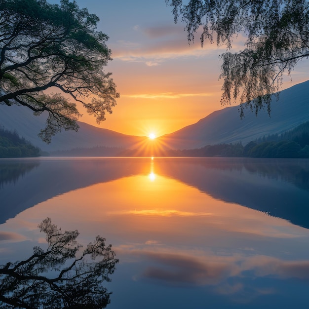 El amanecer rompiendo a través de los árboles sobre el lago de montaña