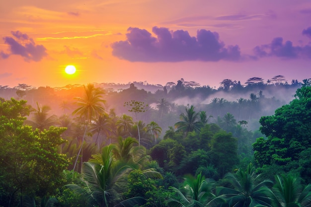 amanecer en la selva con palmeras y el sol brillando a través de las nubes