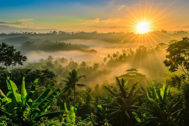 amanecer en la selva con palmeras y el sol brillando a través de las nubes