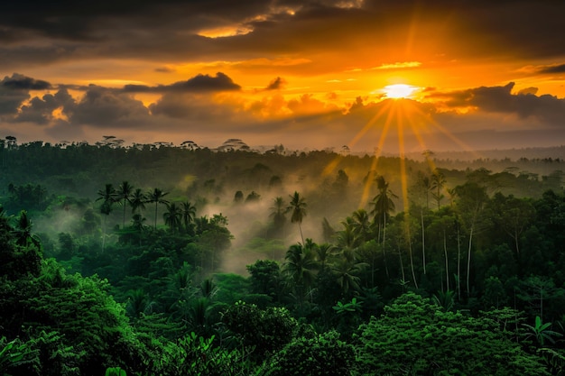 amanecer en la selva con palmeras y el sol brillando a través de las nubes