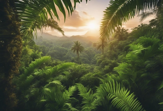 El amanecer en la selva a través de las palmeras tropicales