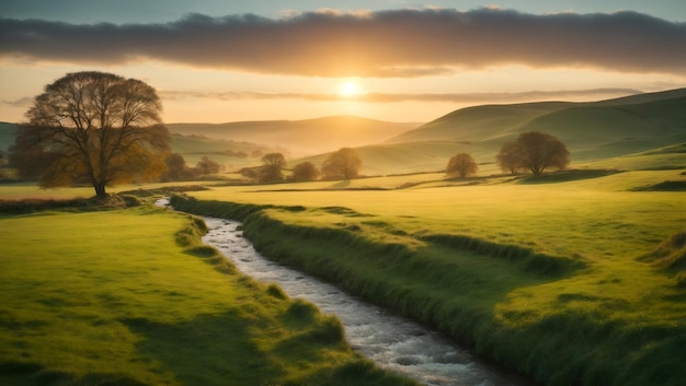 Un amanecer sereno en el campo con colinas onduladas y un arroyo tranquilo