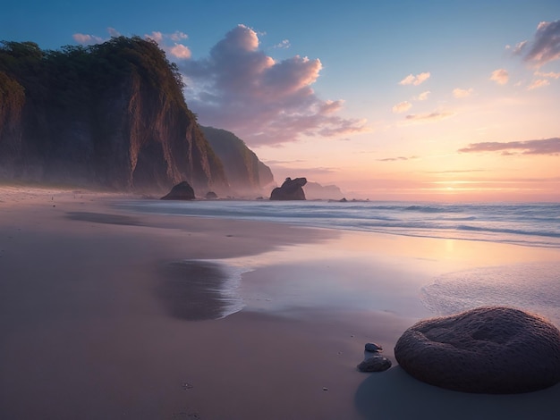 Foto el amanecer sereno en la playa de la fantasía hiperrealista