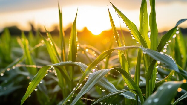 El amanecer sereno sobre el campo de maíz de Illinois en julio las hojas de rocío con el rayo solar de la cámara