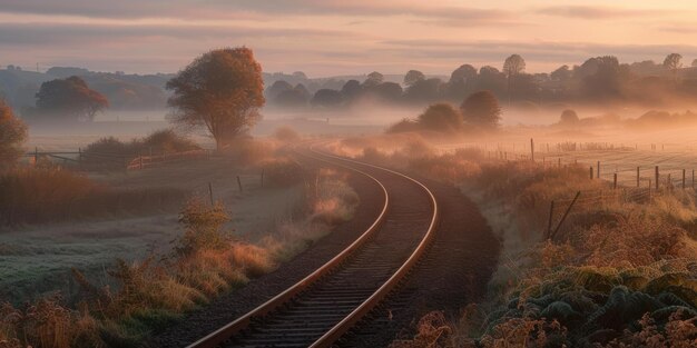 El amanecer sereno sobre el ferrocarril de la campiña brumosa