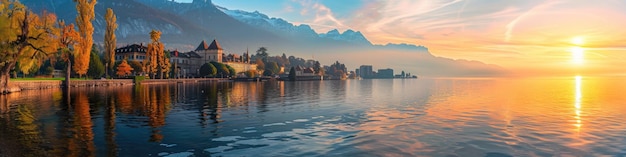 Foto el amanecer sereno sobre el lago de ginebra de montreux una pintoresca escapada a suiza