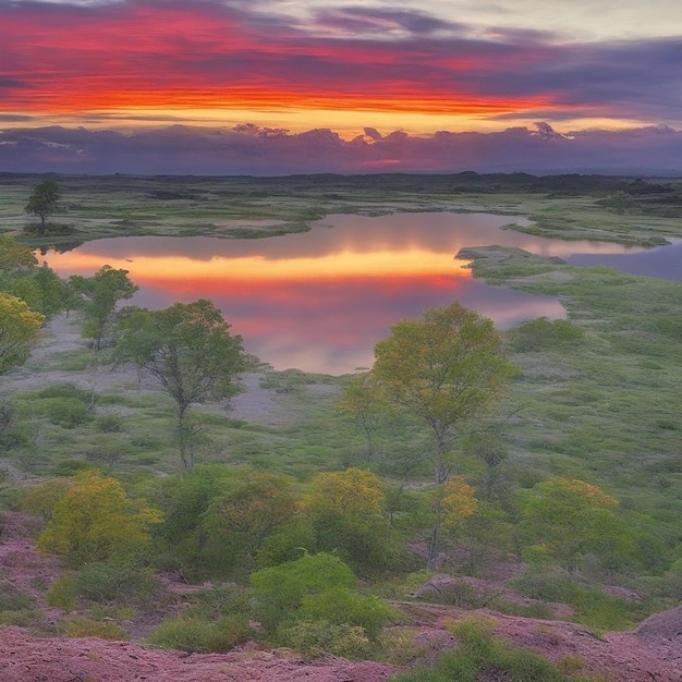 un amanecer sereno sobre un vasto paisaje virgen en la Tierra