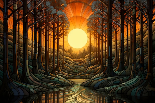 Amanecer sobre un arte forestal Hermosa imagen de ilustración AI generativa