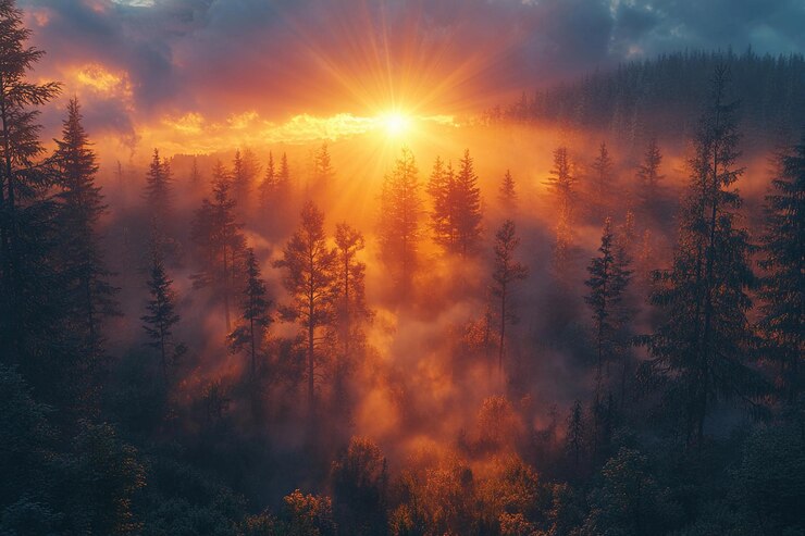 Amanecer sobre un bosque brumoso con árboles y colores vibrantes en el cielo IA generativa