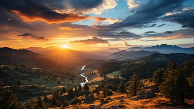 Amanecer sobre una cadena montañosa IA generativa