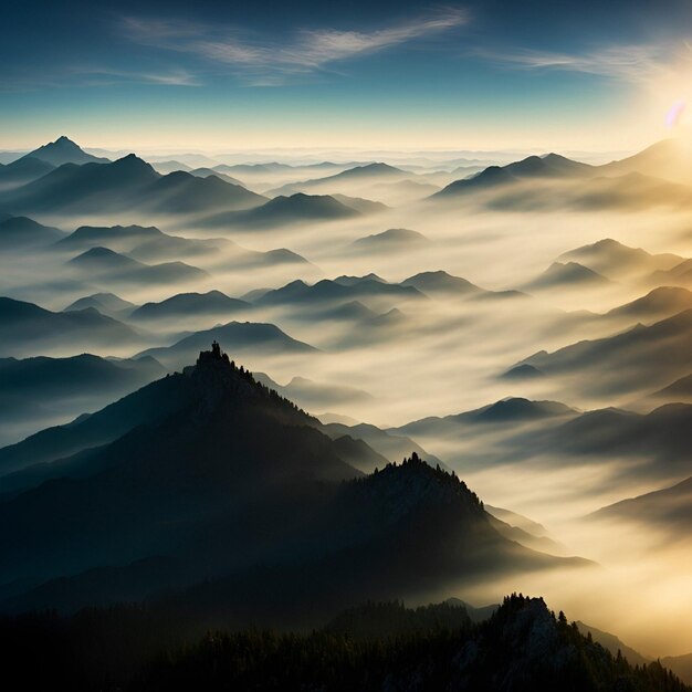 Un amanecer sobre una cadena montañosa con la puesta de sol sobre las montañas.