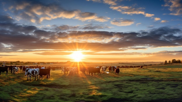 Amanecer sobre un campo con vacas en shamrock texas