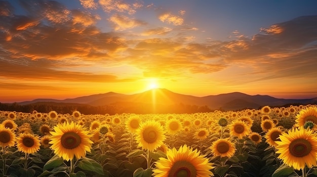 El amanecer sobre los campos de girasol