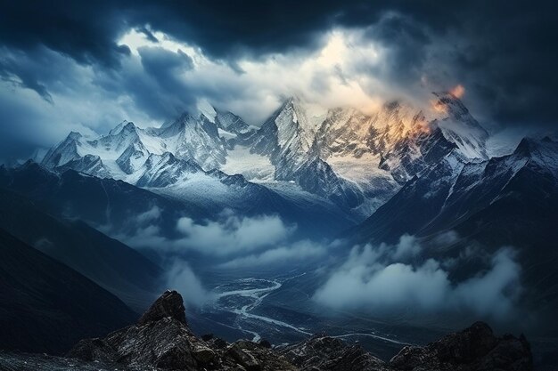 El amanecer sobre las cimas de las montañas cubiertas de nieve