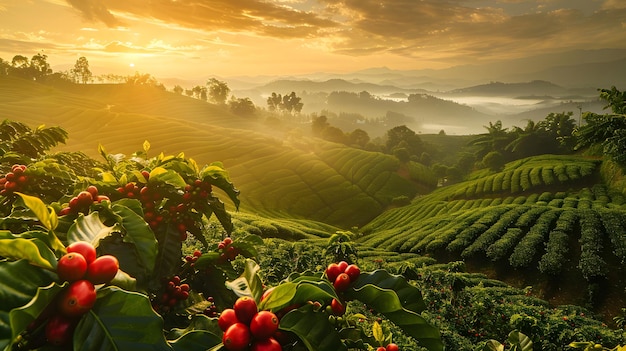El amanecer sobre las exuberantes colinas de la plantación de café IA generativa