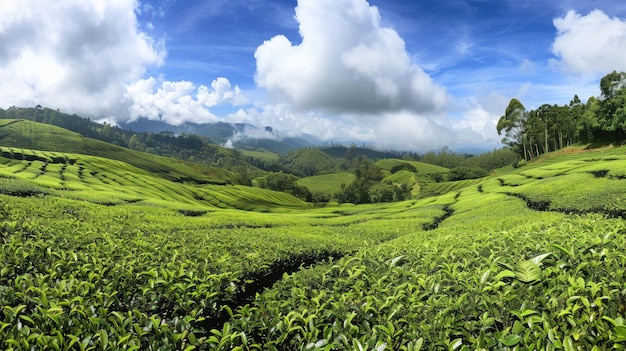 El amanecer sobre las exuberantes colinas de las plantaciones de té verde