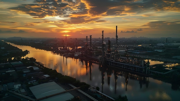El amanecer sobre una fábrica industrial de Riverside Visión aérea captura la armonía de la naturaleza y la industria al amanecer