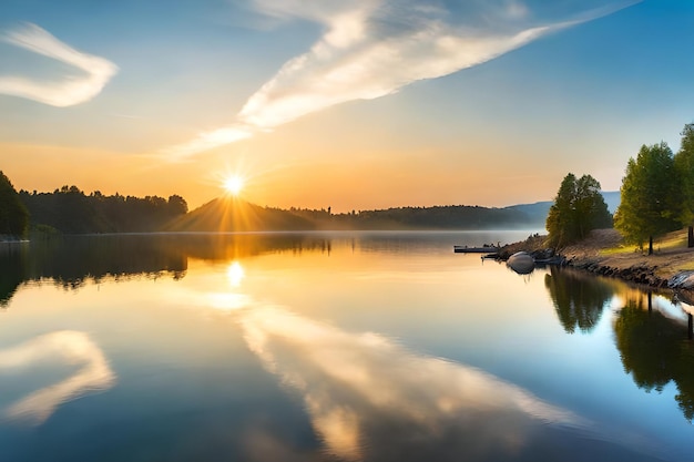 Un amanecer sobre un lago con una montaña al fondo