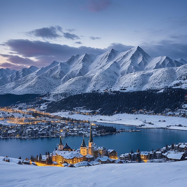 Amanecer sobre el lago de Sils helado y nevado generado por IA