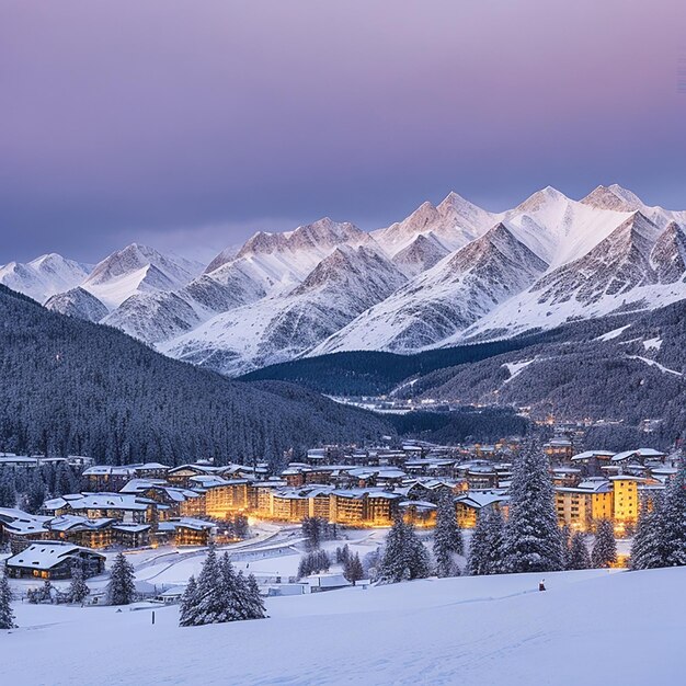 Amanecer sobre el lago de Sils helado y nevado generado por IA