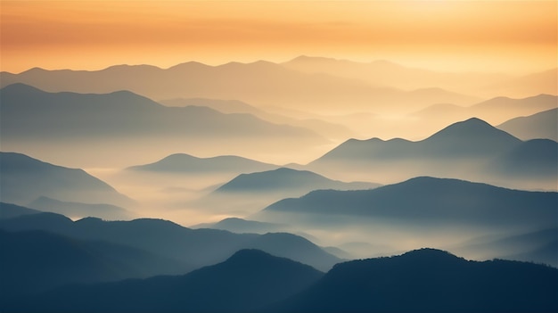 amanecer sobre las montañas brumosas por la mañana creado utilizando herramientas de IA generativas