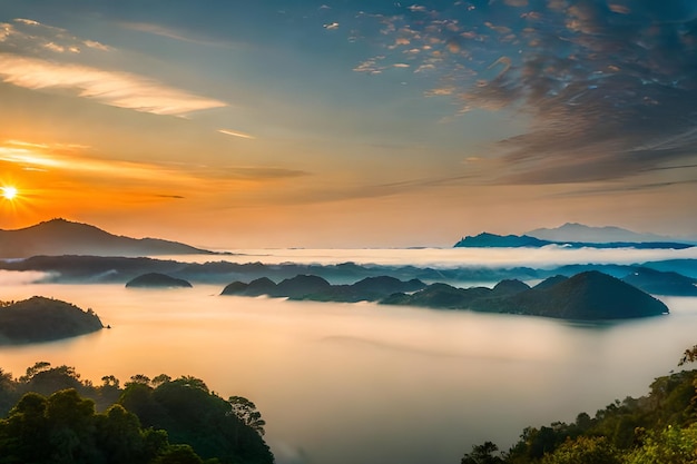 Un amanecer sobre las montañas y las nubes.