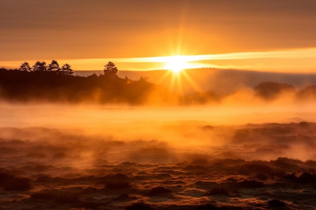 Foto el amanecer sobre un páramo brumoso