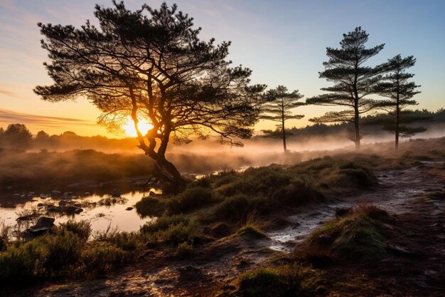 Foto el amanecer sobre un páramo brumoso