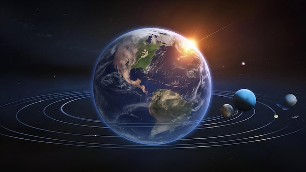 El amanecer sobre el planeta Tierra en el espacio renderización 3D