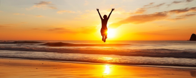 Foto amanecer sobre una playa con una persona saltando