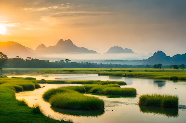 un amanecer sobre un río con montañas al fondo