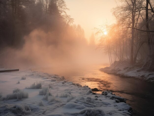 amanecer sobre el río con la puesta de sol detrás