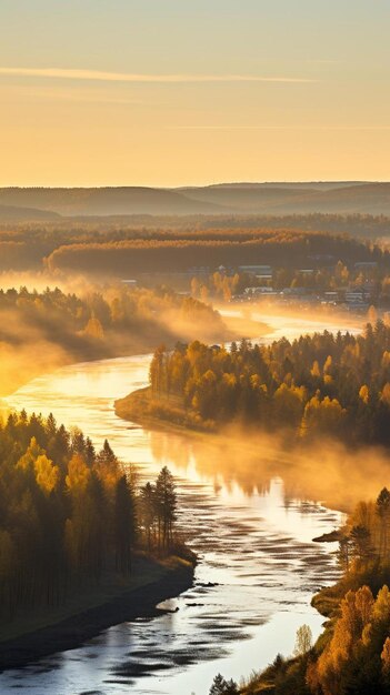 amanecer sobre el río con un río y árboles en primer plano