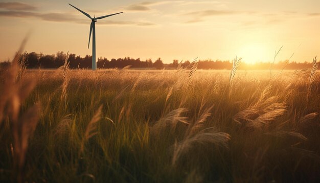 Amanecer sobre turbinas eólicas en un paisaje rural generado por IA