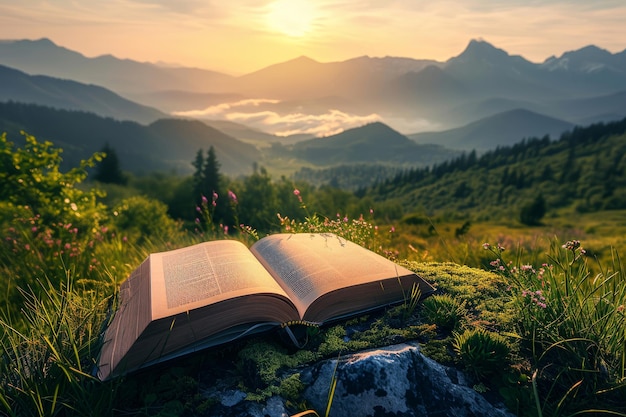 Foto el amanecer sobre el valle alpino en un libro mágico