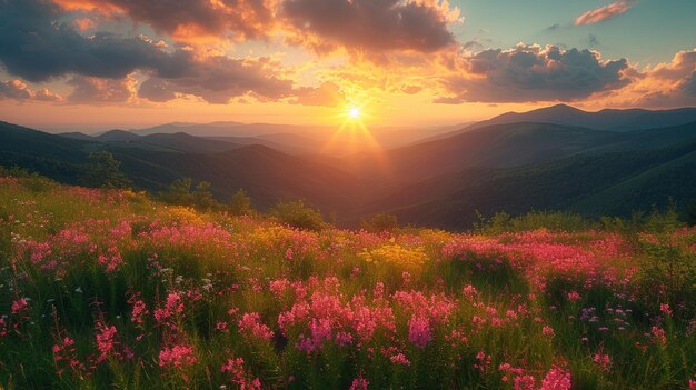 El amanecer sobre un valle de montañas en flor Serenidad entre la belleza de la naturaleza