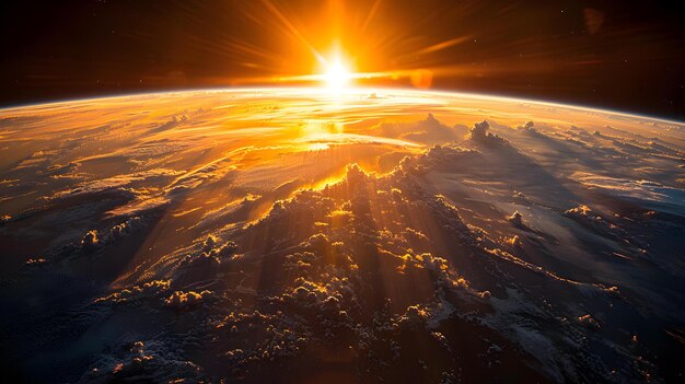 El amanecer en la Tierra desde el espacio La luz del sol brillando en las aguas del océano por debajo del concepto La fotografía del amanecer La Tierra desde lo alto del espacio