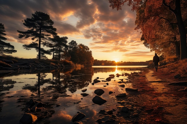 Amanecer tranquilo en el lago reflejando el sol generativo IA