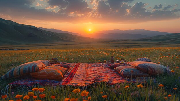 Foto un amanecer tranquilo con un picnic vacío