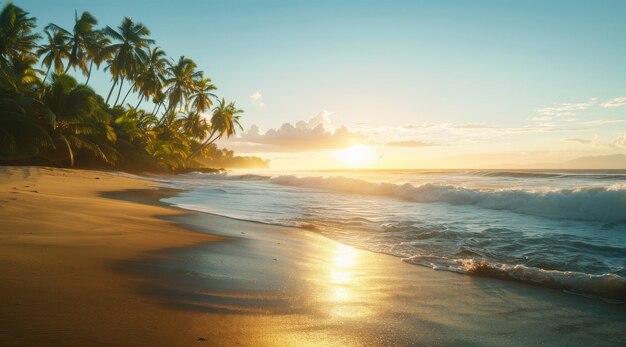 Foto amanecer tropical en la playa con palmeras y olas suaves